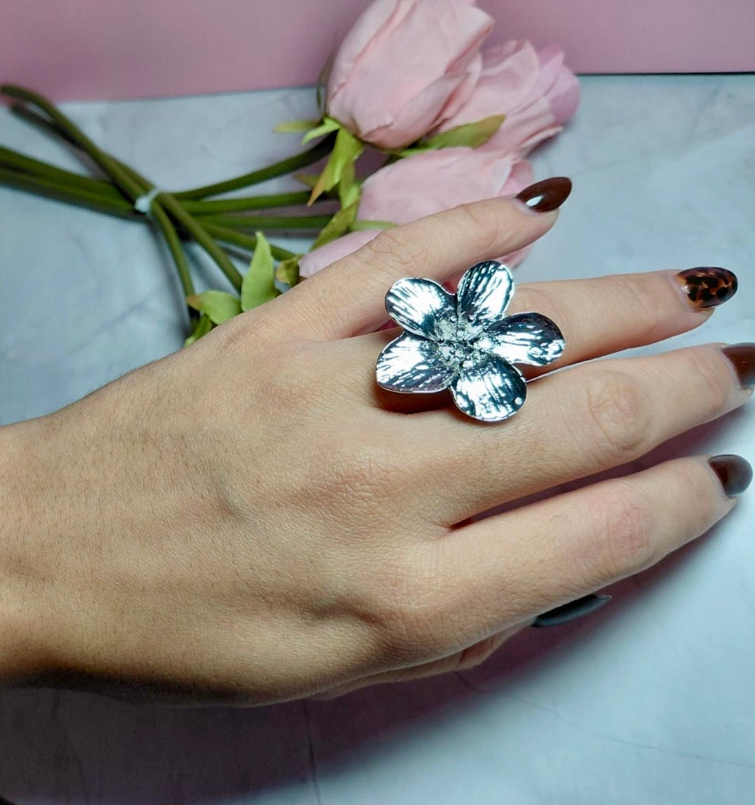 Set Brazalete y Anillo Flores Sólido Plateado ✨