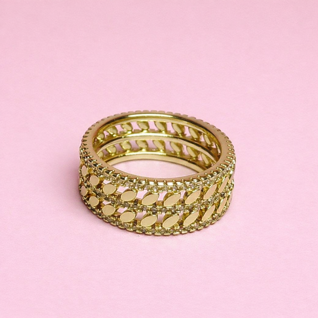Anillo Grueso 3 Columnas Entrelazado de hojas Oro Laminado Size 7
