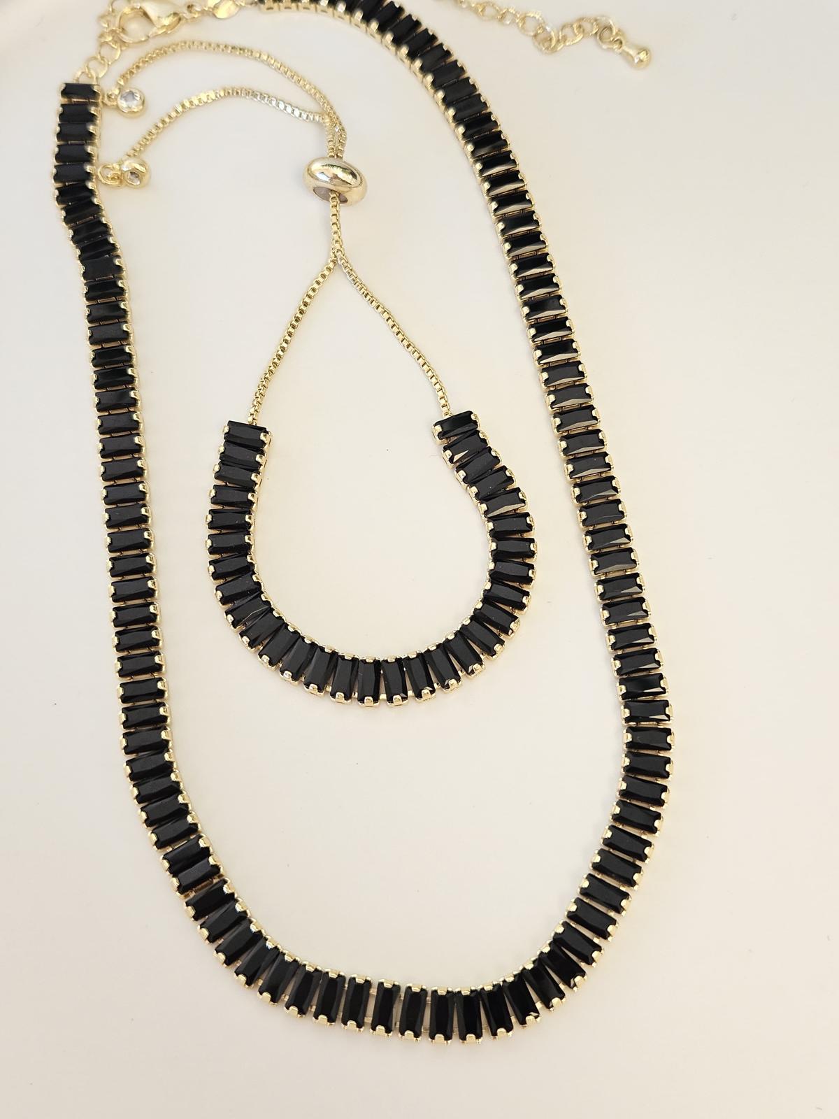Collar y Brazalete Circon En Negro Tipo Gargantilla Ajustable ✨